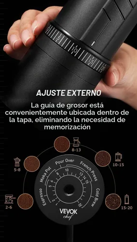 Vista 6 de Vevok Chef Molinillo de café manual O20 – 20 niveles de ajuste externo, capacidad de 1.23 oz con estuche de viaje y equipo de limpieza, molinillo