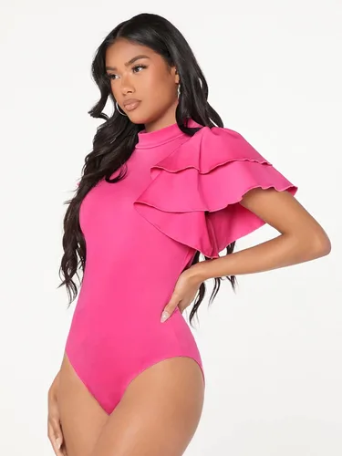 Vista 3 de SOLY HUX Women's Mock Neck Ruffle Butterfly Sleeve Skinny Bodysuit