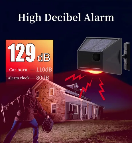 Vista 2 de Detector de sensor de movimiento al aire libre con alarma solar IP65 resistente al agua 129db alta sirena lámpara estroboscópica con control remoto