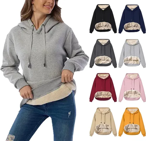 Vista 2 de Sudaderas con capucha de forro polar cálido para mujer, estilo casual, con forro polar, cuello redondo, grueso, sin botones