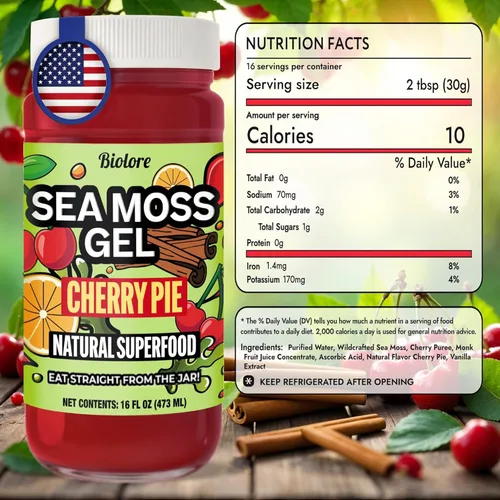 Vista 2 de Biolore Cherry Pie - Gel de musgo marino de 16 onzas, sin azúcar añadido, vegano, fabricado en Estados Unidos, superalimento de musgo marino