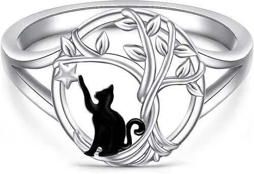 Vista 13 de Anillos de gato negro para mujer, diseño de árbol de la vida, joyería de Plateado