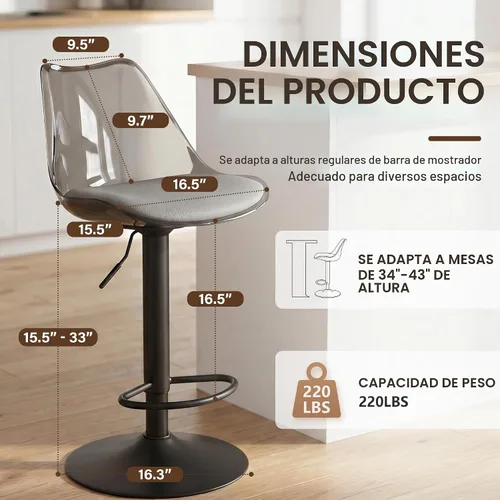 Vista 3 de Juego de 2 taburetes de bar transparentes, taburetes giratorios ajustables