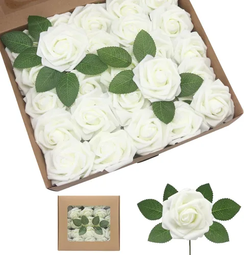 Vista 11 de Rosas artificiales de color rosa claro, 100 unidades, rosas falsas de espuma de aspecto real con tallos para ramos de boda, centros de mesa
