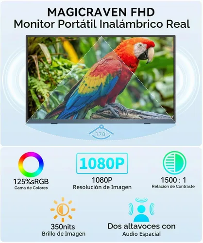Vista 5 de Monitor portátil inalámbrico para portátil con batería, 15.6" 1080P IPS Negro