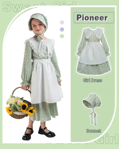Vista 2 de NSPSTT Disfraz de pionera para niña, vestidos de pradera para niñas, vestido colonial floral para niña de los años 1800