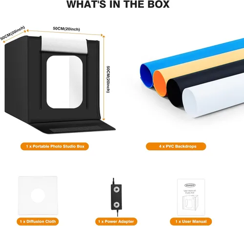 Vista 9 de Caja de luz para fotografía de 20"x20" con 160 luces LED y 6 fondos de color, caja de fotos con luces, caja de luz plegable con brillo ajustable