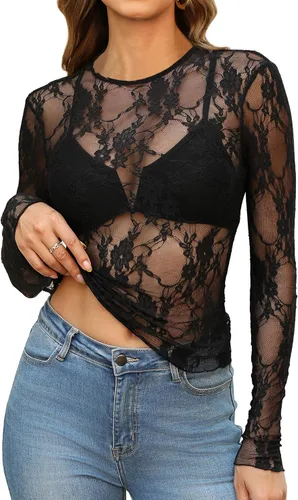 Vista 14 de OFEEFAN - Blusas de malla para mujer con manga larga y encaje, camisetas de cuello redondo ajustadas y transparentes Champán