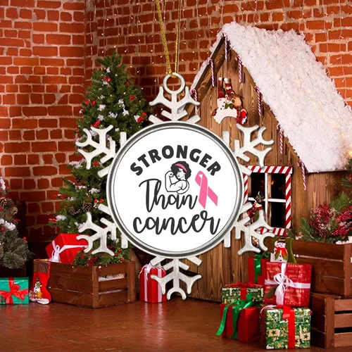 Vista 5 de Adorno colgante de Navidad Stronger Than Cancer Brest Cancer Awareness Metal Copo de nieve Adornos de Navidad Recuerdo Rosa Sobreviviente de Cáncer