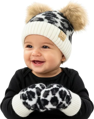 Vista 9 de Funky Junque Conjunto de gorro y mitones con doble pompón de pelo sintético para bebé – Gorro de invierno para recién nacidos de 0–9 meses