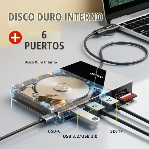 Vista 3 de YOTUO Disco Duro Externo de 1TB, Hub Multipuerto USB C HDD 7 en 1, USB 3.0, Lector de Tarjetas SD/TF, Estación de Acoplamiento, Disco Duro