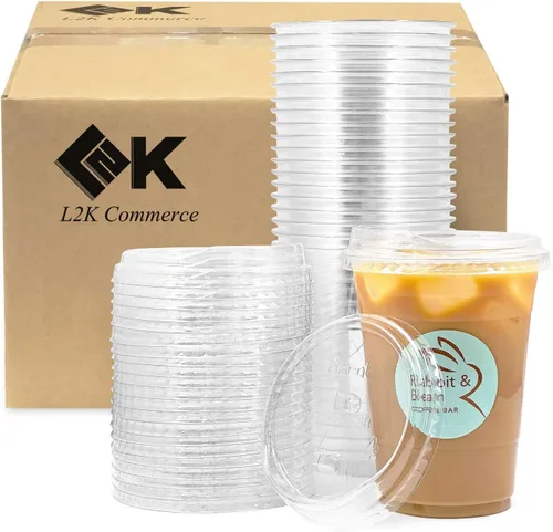 Vista 4 de L2K Tapas planas de plástico PET transparente con ranura para popote (paquete de 50) para 12, 16, 20, 24 onzas. Se adapta a vasos de plástico ultra