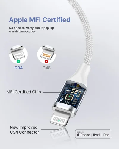 Vista 2 de Cable USB C a Lightning de 3 pies, paquete de 2 cables USB C para iPhone, certificado MFi, trenzado, tipo C, cable de carga rápida, compatible