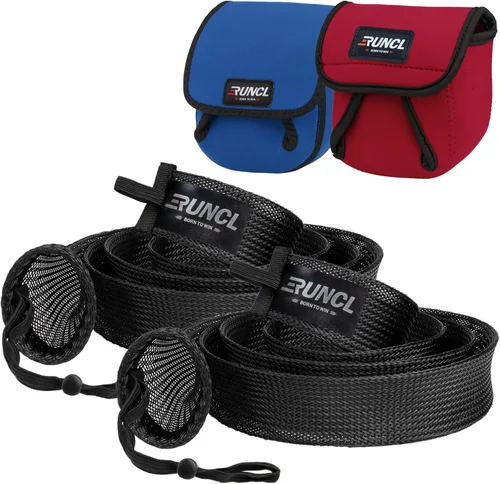 Vista 14 de RUNCL Fundas para caña de pescar y bolsas de carrete, calcetines de caña de hilar/fundición y cubiertas de carrete de spinning/baitcasting, solución