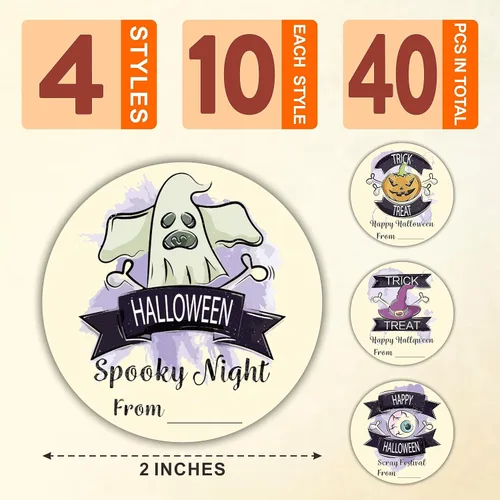 Vista 2 de 40 etiquetas redondas de Feliz Halloween, calcomanías redondas de truco o trato de 2 pulgadas para envoltura de Halloween, 4 estilos de calavera