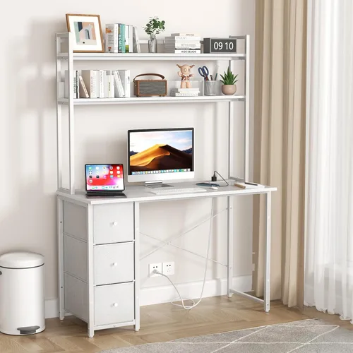 Vista 12 de Aquzee Escritorio para computadora con cajones, escritorio de 40 pulgadas con gabinete, escritorio de oficina en casa con almacenamiento, tomas