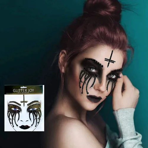 Vista 4 de Paquete de 2 calcomanías de cara de Halloween, gemas de payaso, maquillaje de monja, tatuaje de cara temporal de diamantes de imitación
