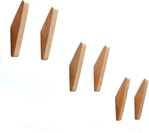 Vista 4 de Paquete de 6 ganchos de pared de madera, ganchos de roble para abrigos, diseño minimalista, resistente para bata, colgador de ropa de madera