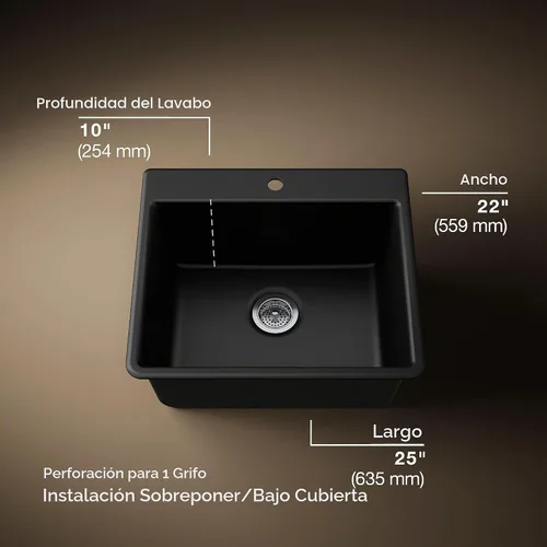 Vista 3 de KOHLER 28003-1-CM1 Kennon® - Fregadero de cocina de 25 pulgadas de montaje superior o inferior, incluye estante para fregadero, color negro mate