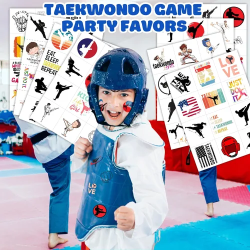 Vista 2 de 96 tatuajes temporales precortados de Taekwondo - Recuerdos de fiesta temática de karate y kung fu, lindos tatuajes falsos para niños, niños