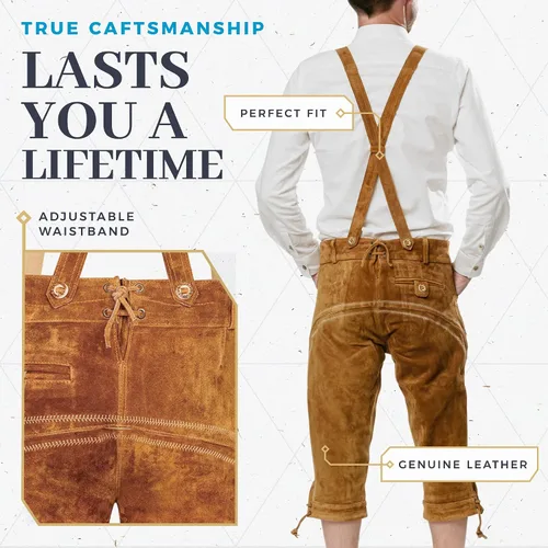 Vista 3 de BAVARIA TRACHTEN Lederhosen - Traje de cuero genuino para hombre traje de Oktoberfest alemán auténtico para hombre color marrón claro largo Marrón