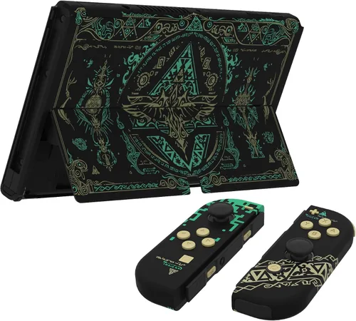 Vista 7 de eXtremeRate Juego completo de carcasa de bricolaje para Nintendo Switch OLED, placa trasera de consola y soporte, carcasa para controlador de mano