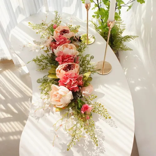 Vista 9 de Guirnalda de flores artificiales de peonía para puerta delantera, flores de arco de boda, 29.5 pulgadas con hortensia para dintel, boda, arco Naranja