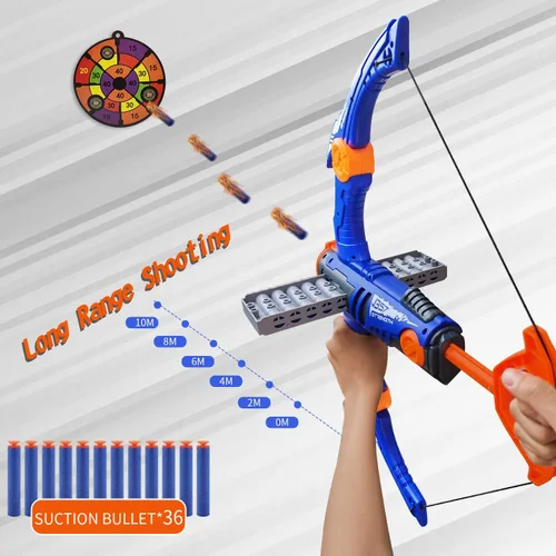 Vista 4 de Arco y flecha de juguete para balas de pistola Nerf, juego de tiro con bala de espuma de 12 dardos con 36 dardos de espuma, 1 gafas y objetivo Azul