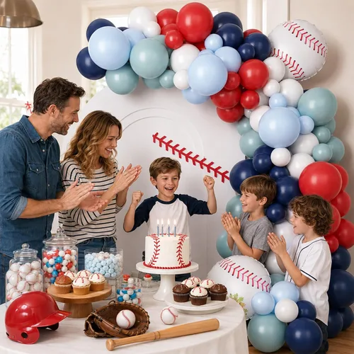 Vista 6 de FunHot Kit de guirnalda de arco de globos de béisbol, guirnalda de globos azul marino y rojo con globos blancos, globos de papel de aluminio de Azul