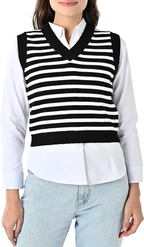 Vista 2 de Chaleco de suéter para mujer, a rayas, con cuello en V, sin mangas, recortado, estilo preppy, chaleco de punto