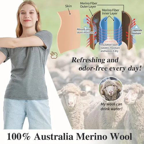 Vista 4 de Merino Protect Camisetas 100% de lana merino para mujer, cuello redondo, manga corta, resistencia al olor, capa base, viajes, senderismo, camiseta