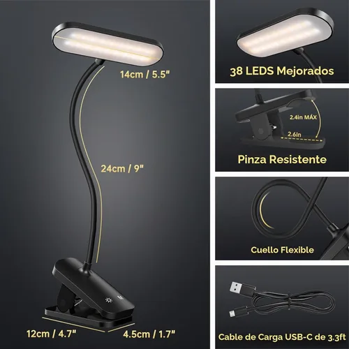 Vista 6 de Lámpara de escritorio LED recargable, luz de lectura con clip para cabecero
