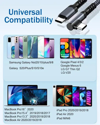 Vista 7 de Cable USB C a USB C de 1 pie, paquete de 3 cables tipo C de 60 W, cable de carga rápida USBC en ángulo recto compatible con iPhone 15/15 Pro/15 Negro