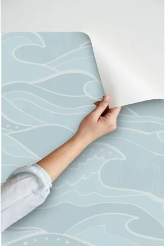 Vista 3 de Spoonflower Papel tapiz para despegar y pegar - Ondas Mar Luz Verde Azul Océano Náutico Surf Beach House Papel pintado extraíble personalizado