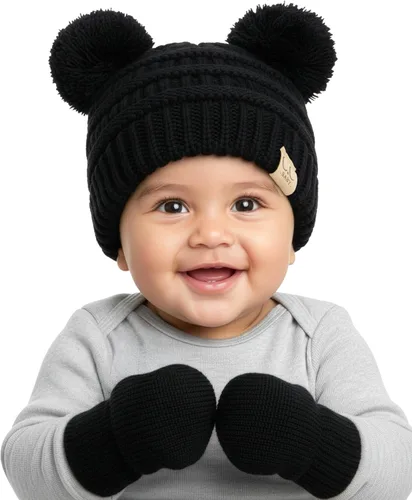 Vista 13 de Funky Junque Conjunto de gorro y mitones con doble pompón de pelo sintético para bebé – Gorro de invierno para recién nacidos de 0–9 meses