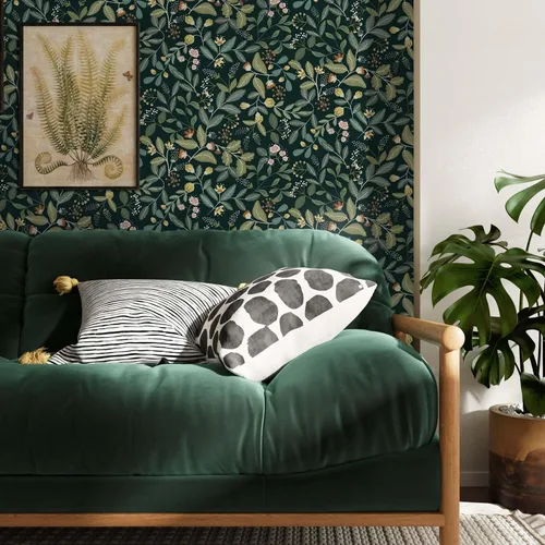 Vista 6 de Ismoon Papel tapiz verde para despegar y pegar, diseño bohemio floral y hojas en papel adhesivo grueso, papel adhesivo botánico oscuro, extraíble