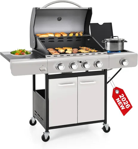 Vista 11 de GREEN PARTY - Parrilla de gas para barbacoa de 4 quemadores con propano, quemador lateral y rejillas de hierro fundido esmaltadas en porcelana, área