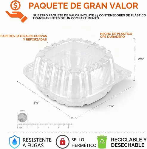 Vista 2 de Stock Your Home - Envase de plástico para llevar alimentos y postres, 25 unidades de 5 x 5 pulgadas, envases de plástico con bisagras, desechables