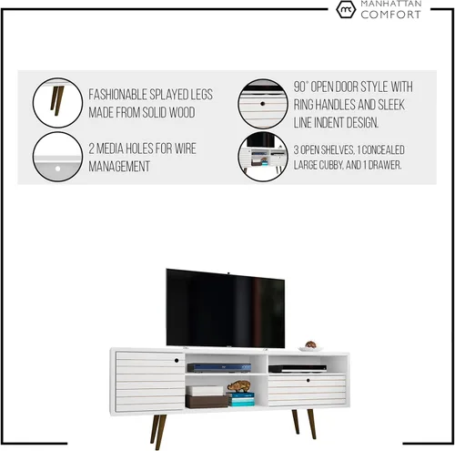 Vista 9 de Manhattan Comfort Liberty Collection - Soporte de TV moderno de mediados de siglo con un armario y dos estantes abiertos con patas abiertas, Madera