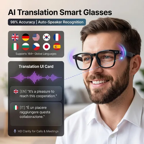 Vista 3 de Lentes de traducción Bluetooth inalámbricos inteligentes AI para hombres/mujeres con altavoces/Bluetooth y más de 140 idiomas traducción