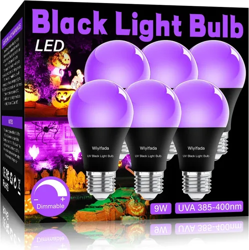 Vista 9 de Paquete de 2 bombillas LED negras, A19 de 9 W, luz negra UV que reemplaza hasta 100 W, 120 V, base E26, nivel UVA 385-400 nm, brilla en la oscuridad