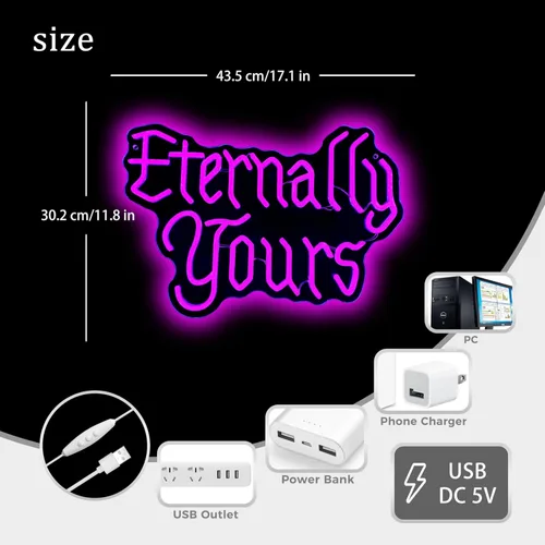 Vista 2 de Eternally Yours - Letrero de neón de estilo gótico, luz LED para decoración de pared, románticas luces de neón emo para dormitorio, estudio o bar
