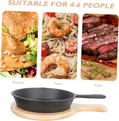 Vista 6 de Sartén antiadherente de hierro fundido grueso con mango y tabla de madera, sartén para cocinar carne y huevos para el hogar, cocina, conducción
