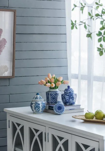 Vista 8 de T2 Concept - Juego de 3 tarros de jengibre decorativos orientales, azul y blanco, 100% porcelana, patrón floral A: 4.5 x 6 pulgadas de profundidad x