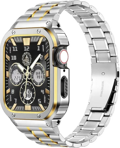 Vista 18 de MioHHR Correa de Acero Inoxidable para Reloj con Estuche Compatible con Correas de Apple Watch 40/41 mm, Correa Resistente con Cubierta Protectora