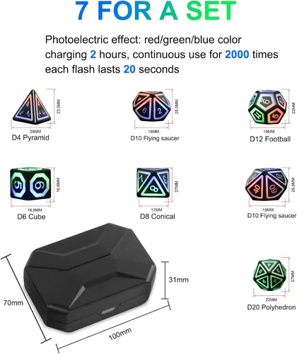 Vista 2 de Juego de dados DND recargables, dados iluminados, 7 dados LED balanceados brillantes, dados electrónicos, dados D & D, juego de dados poliédricos