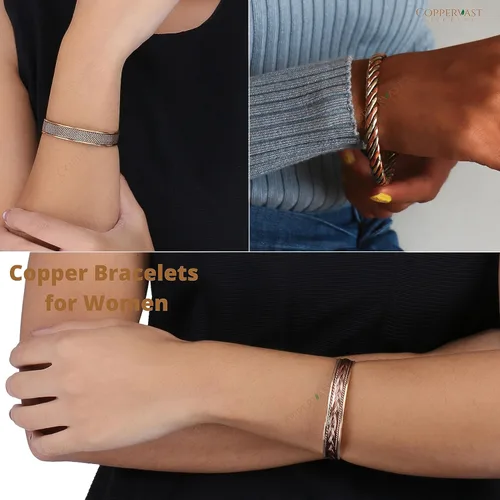 Vista 2 de Pulseras de cobre para hombres y mujeres Juego de 3 con caja de regalo Hecho a mano 100% cobre Regalo para mujeres y hombres