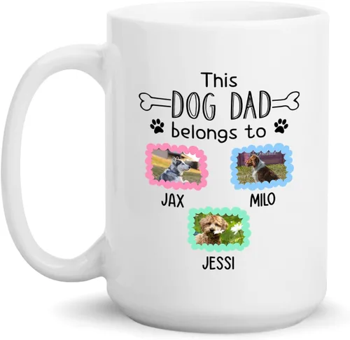 Vista 20 de Taza de café blanca personalizada con foto, con texto en inglés «To The World's Best Dog Dad We Woof You», taza de café blanca de 11 onzas y 15