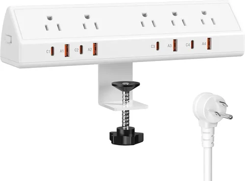Vista 8 de Regleta de Alimentación con Abrazadera para Escritorio de 65W Estación de Carga Rápida, 4 PD USB-C, 5 Tomacorrientes, Protector contra