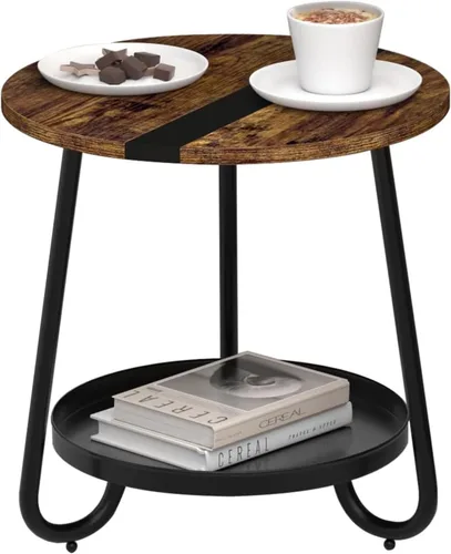 Vista 9 de Mesa de centro de 2 niveles para sala de estar, mesa de centro redonda de estilo industrial con bandeja de metal, mesa de centro pequeña de madera